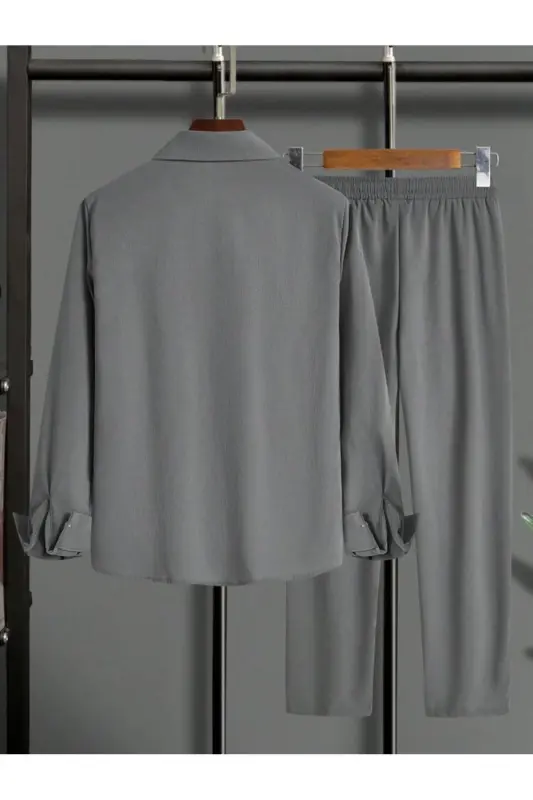 Bürümcük Krinkıl Kumaş Yazlık Likralı Unisex Kadın Erkek Uzun Kol Gömlek Eşofman Takım-UZUN - 3