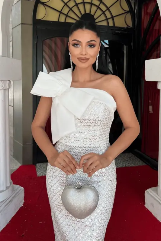 Бусины Ткань Бант Деталь Карандаш Платье - БЕЛЫЙ - 3