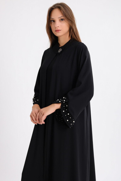 Buson Kol ve Etek Ucu İncili Abaya Ceket - 5