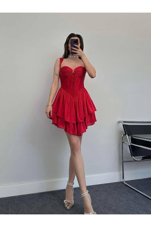 Bust Detail Thick Strap Backless Red - 4