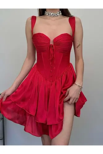 Bust Detail Thick Strap Backless Red 