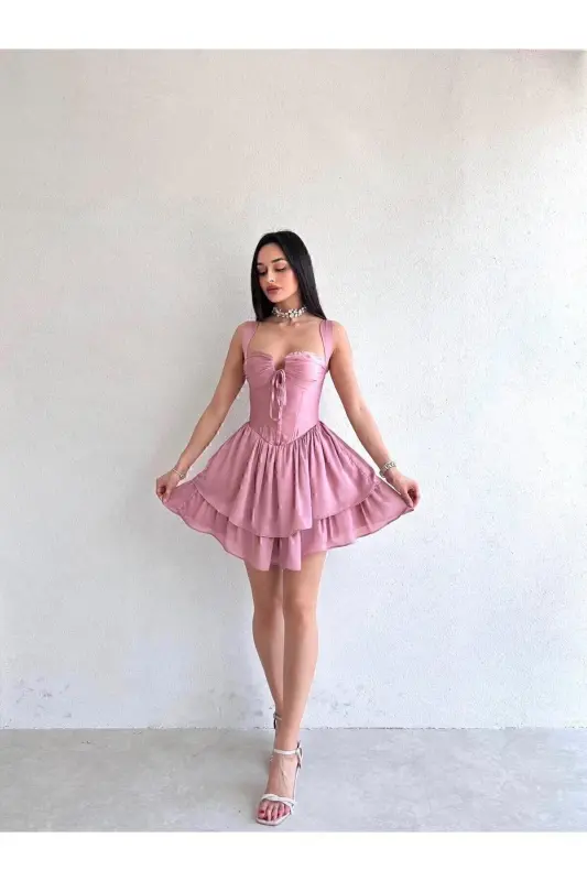 Bust Detailed Thick Strap Backless Powder Mini Dress - Evening & Graduation Dress - Powder - 3