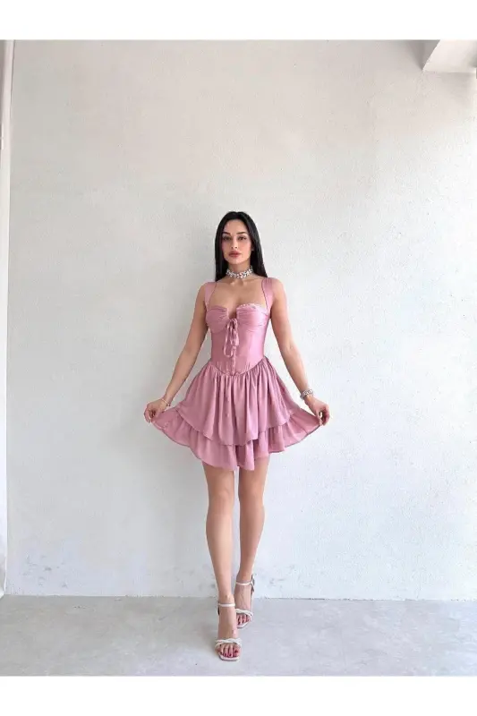 Bust Detailed Thick Strap Backless Powder Mini Dress - Evening & Graduation Dress - Powder - 4