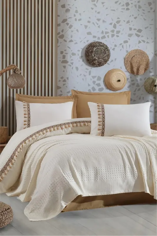 Butik Çift Kişilik Pike Takımı Bohamline - ekru - 1