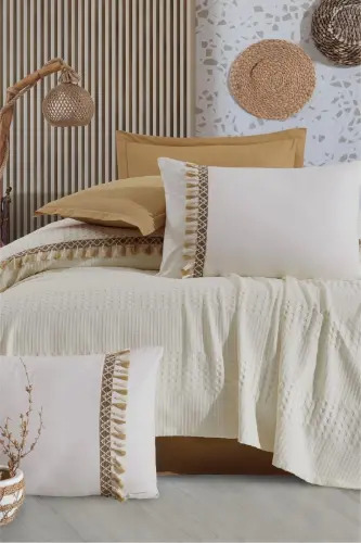 Butik Çift Kişilik Pike Takımı Bohamline - ekru - CLASY (1)