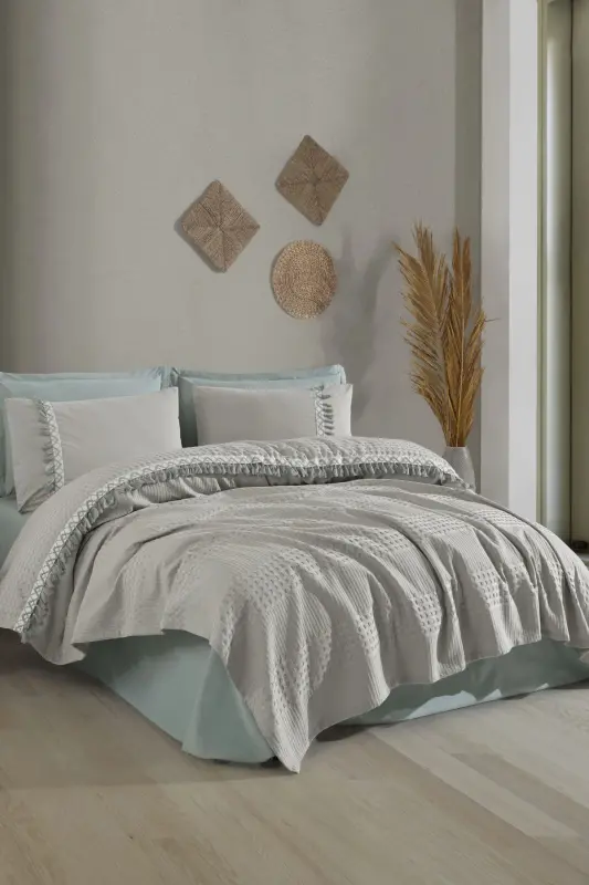 %100 Pamuk Butik Çift Kişilik Püsküllü Pike Takımı Bohamline V10 Açık Gri - Gri - 1