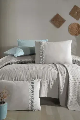 Butik Çift Kişilik Püsküllü Pike Takımı Bohamline-Gri - 1