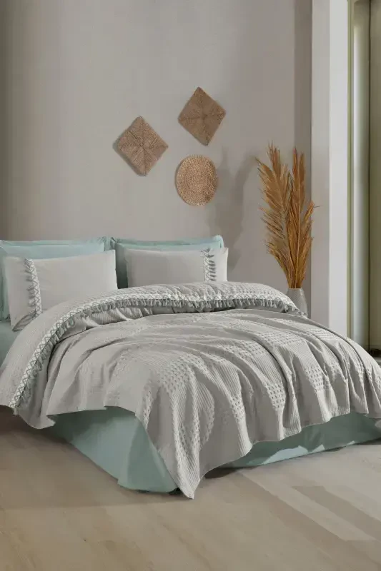 Butik Çift Kişilik Püsküllü Pike Takımı Bohamline-Gri - 3