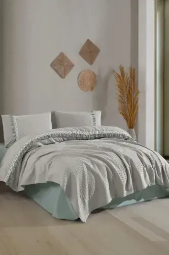 Butik Çift Kişilik Püsküllü Pike Takımı Bohamline-Gri - 4