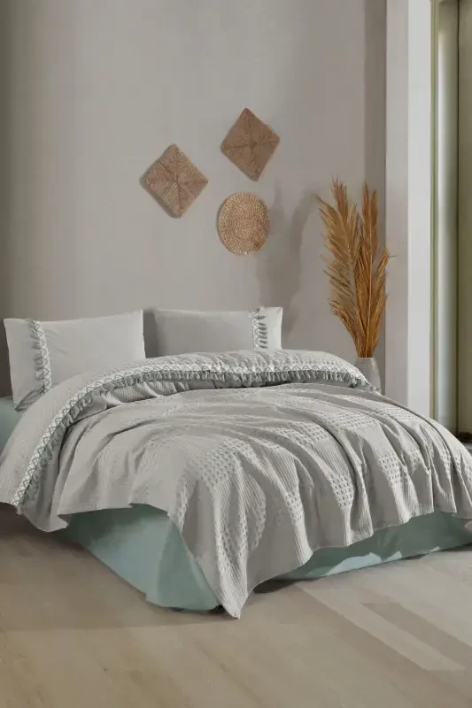 Butik Çift Kişilik Püsküllü Pike Takımı Bohamline-Gri - 4