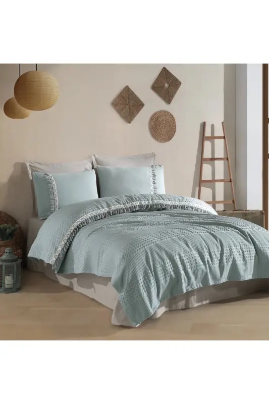 Butik Çift Kişilik Püsküllü Pike Takımı Bohamline - Mint - CLASY