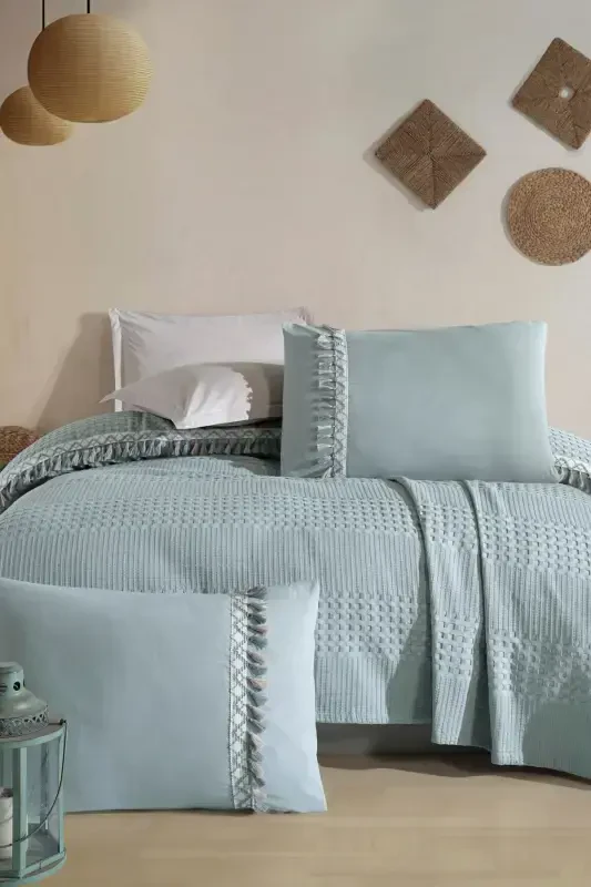 Butik Çift Kişilik Püsküllü Pike Takımı Bohamline-Mint - 1