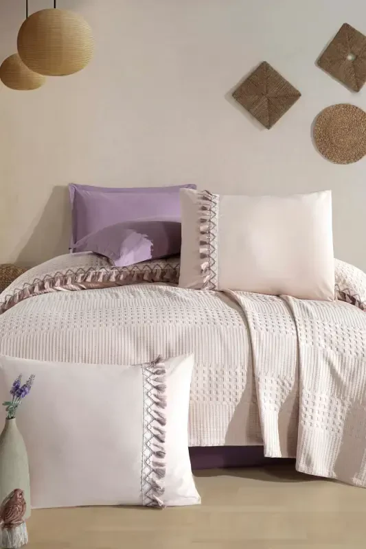 Butik Çift Kişilik Püsküllü Pike Takımı Bohamline-Taş - Modazone