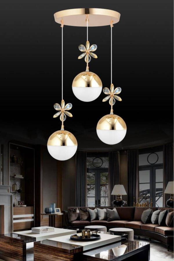 Butterfly 3-Piece Gold 3-Color Tiered Pendant LED Crystal Stone Chandelier - 9