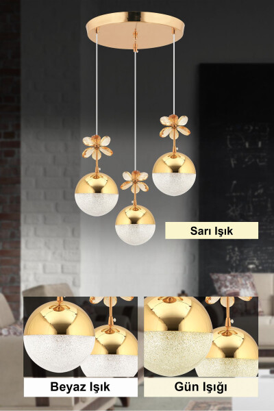 Butterfly 3-Piece Gold 3-Color Tiered Pendant LED Crystal Stone Chandelier - 1