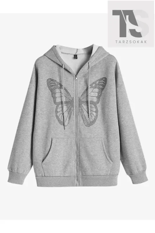 Butterfly Design Sweatshirt Zippered Cardigan-GREY BUTTERFLY - ADRIFT