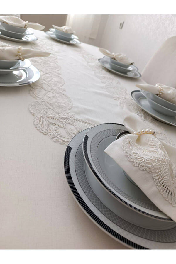 Butterfly Ecru 12 Person 26 Piece French Lace Dowry Dinner Tablecloth Set Runner Team - 2