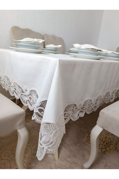 Butterfly Ecru 12 Person 26 Piece French Lace Dowry Dinner Tablecloth Set Runner Team - 3