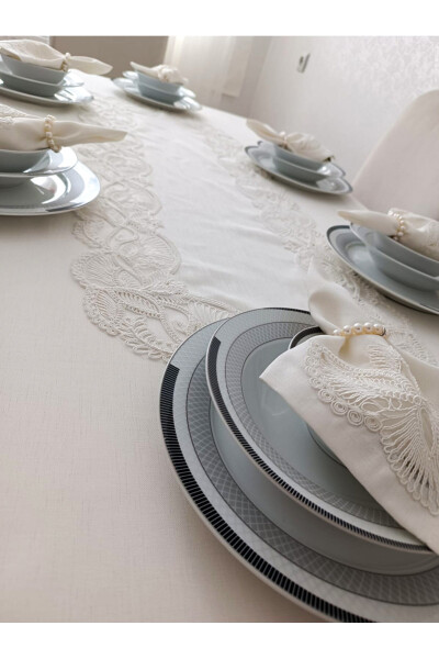 Butterfly Ecru 12 Person 26 Piece French Lace Dowry Dinner Tablecloth Set Runner Team - 6