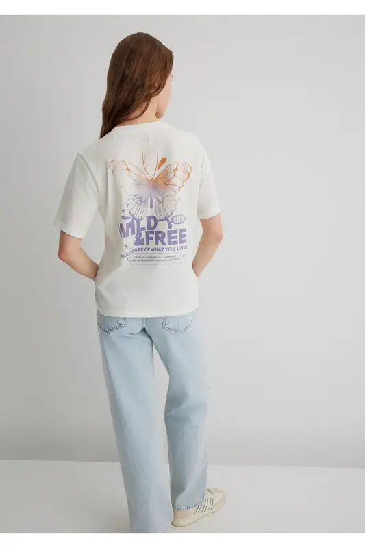 Butterfly Print Ecru T-Shirt Regular Fit - 1