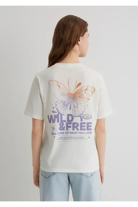 Butterfly Print Ecru T-Shirt Regular Fit - 4