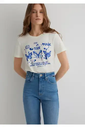 Butterfly Print Ecru T-Shirt Semi Slim Fit / Semi-Fitted - 9