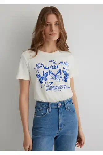 Butterfly Print Ecru T-Shirt Semi Slim Fit / Semi-Fitted - 1