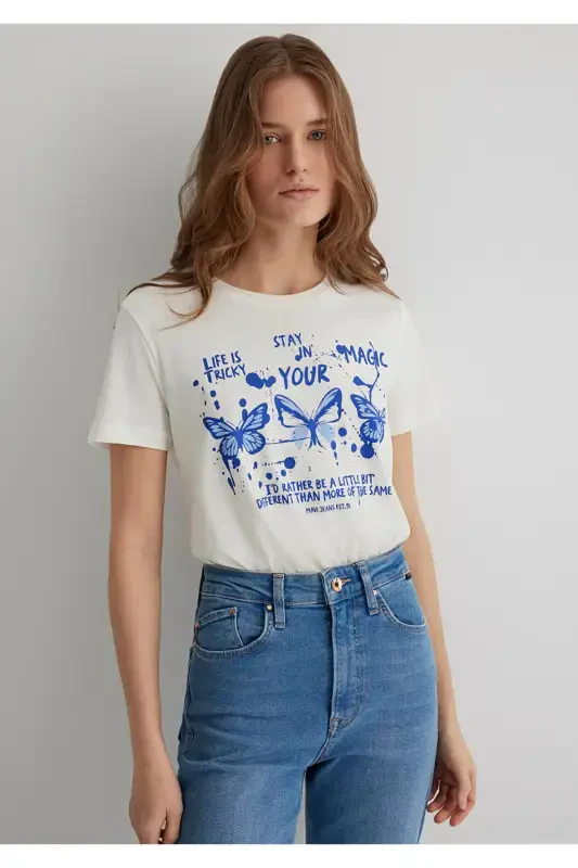 Butterfly Print Ecru T-Shirt Semi Slim Fit / Semi-Fitted - MAVI