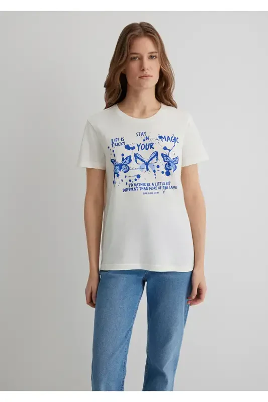 Butterfly Print Ecru T-Shirt Semi Slim Fit / Semi-Fitted - 11