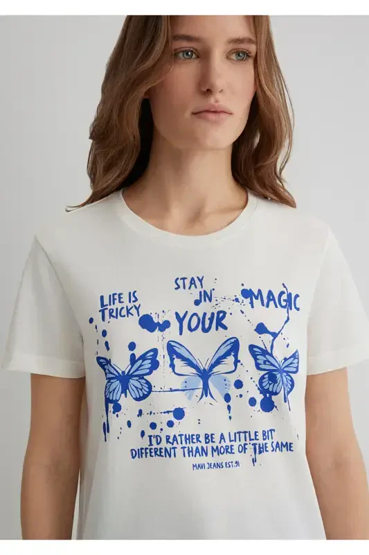 Butterfly Print Ecru T-Shirt Semi Slim Fit / Semi-Fitted - 8