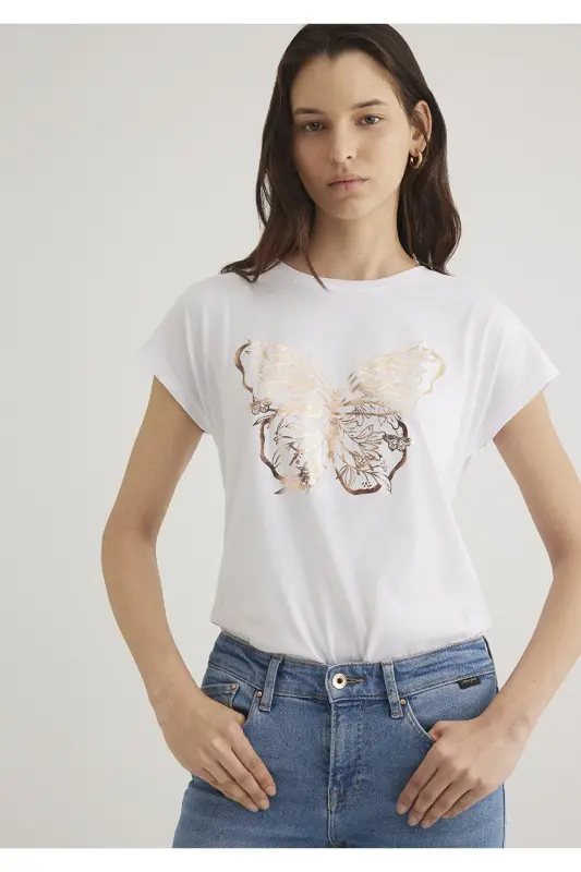 Butterfly Print White T-shirt Regular Fit - 1