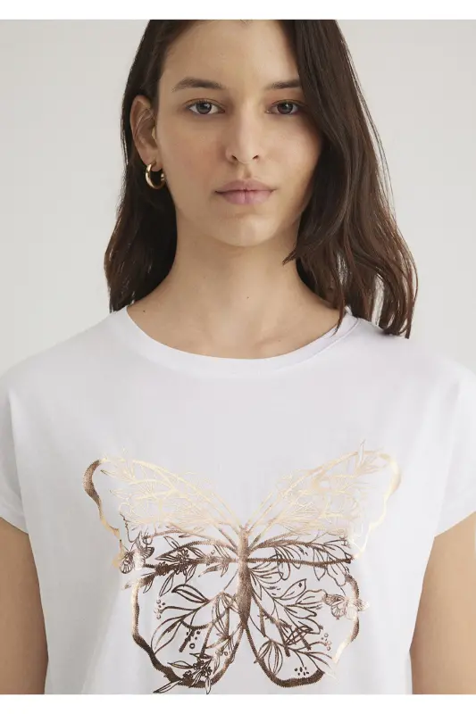 Butterfly Print White T-shirt Regular Fit - 5