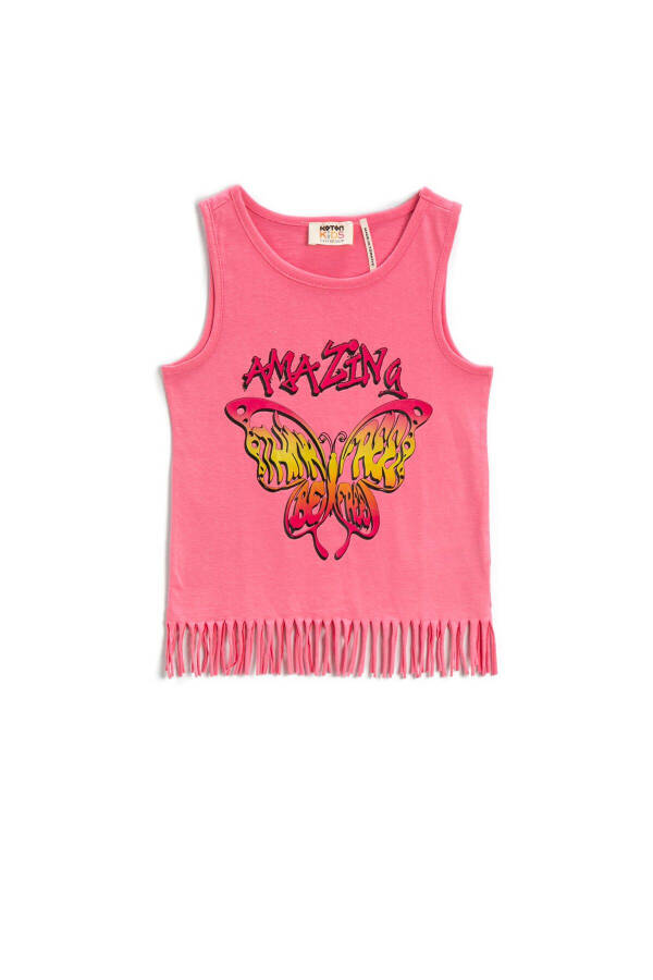 Butterfly printed, tasselled, bisiklet collar, cotton tank top - 4