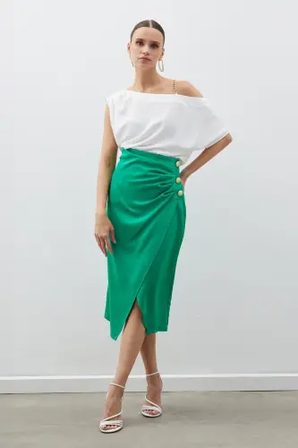 Button Accented Satin Crepe Skirt - GREEN-GREEN - 1
