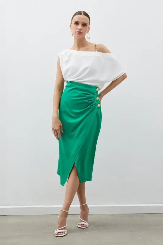 Button Accented Satin Crepe Skirt - GREEN-GREEN - SATEEN