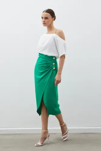 Button Accented Satin Crepe Skirt - GREEN-GREEN - 2