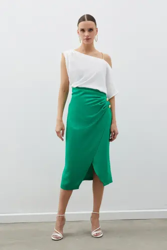 Button Accented Satin Crepe Skirt - GREEN-GREEN - 3