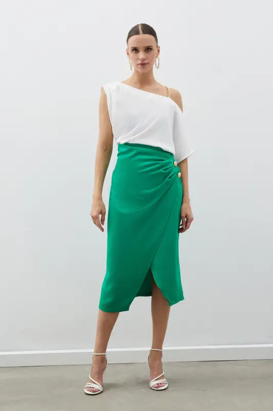 Button Accented Satin Crepe Skirt - GREEN-GREEN - 3