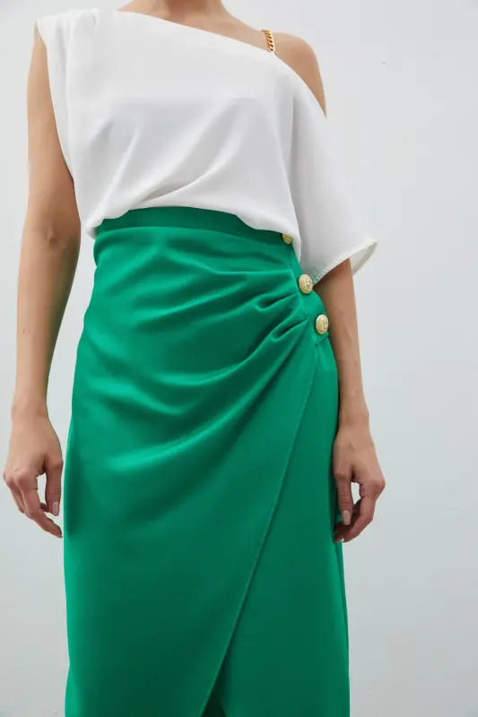 Button Accented Satin Crepe Skirt - GREEN-GREEN - 4