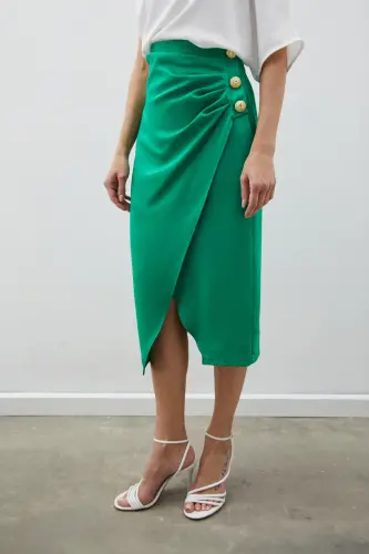 Button Accented Satin Crepe Skirt - GREEN-GREEN - 5