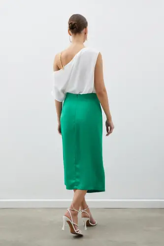 Button Accented Satin Crepe Skirt - GREEN-GREEN - 6