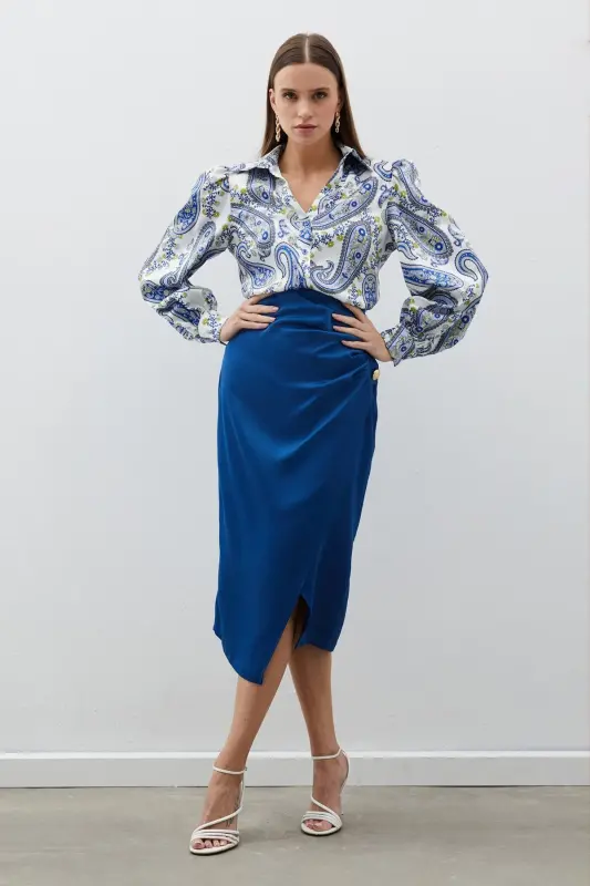 Button Accented Satin Crepe Skirt - INDIGO-INDIGO - 1