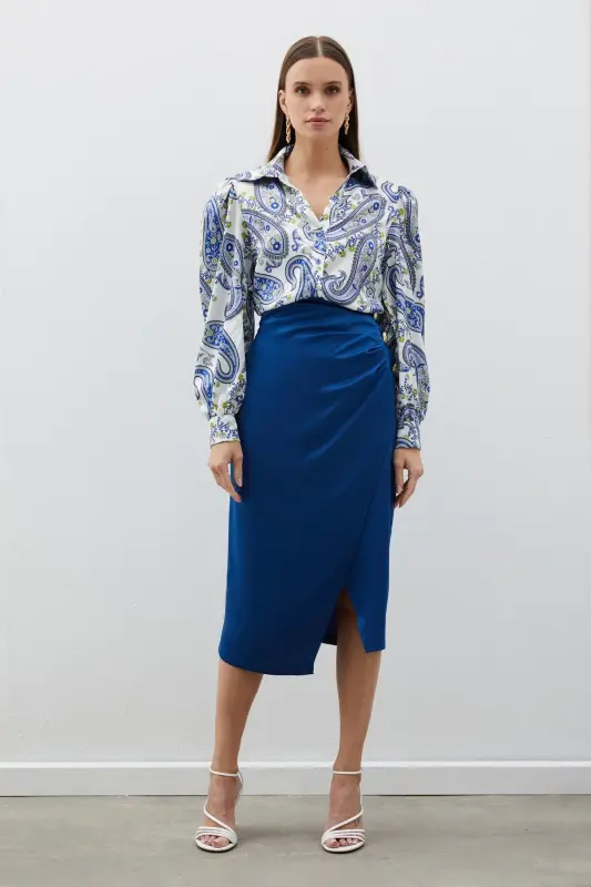Button Accented Satin Crepe Skirt - INDIGO-INDIGO - 2