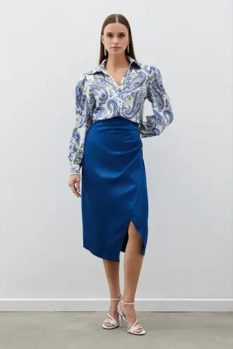 Button Accented Satin Crepe Skirt - INDIGO-INDIGO - 3