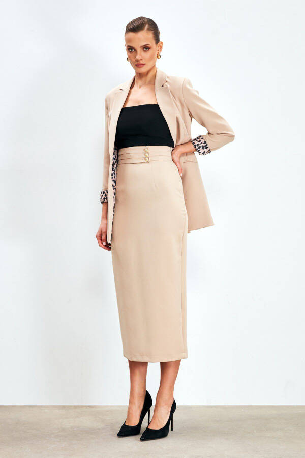 Button Detail Midi Skirt - BEIGE - 1