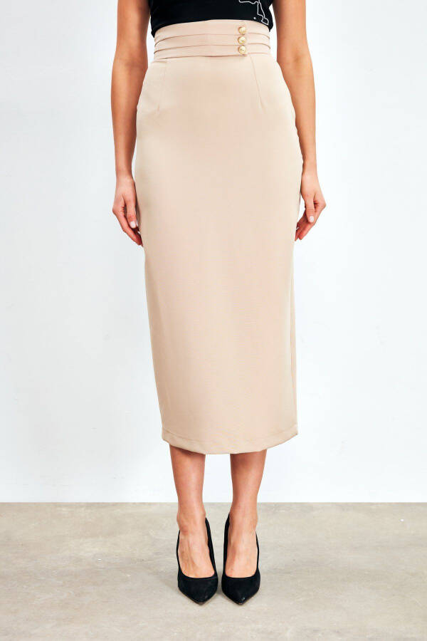 Button Detail Midi Skirt - BEIGE - 3