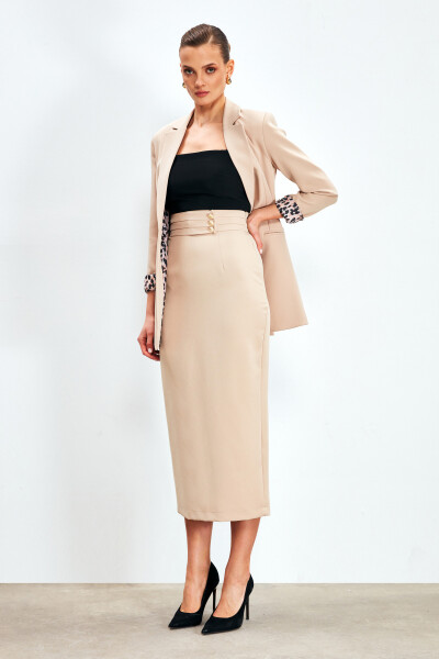 Button Detail Midi Skirt - BEIGE - 6