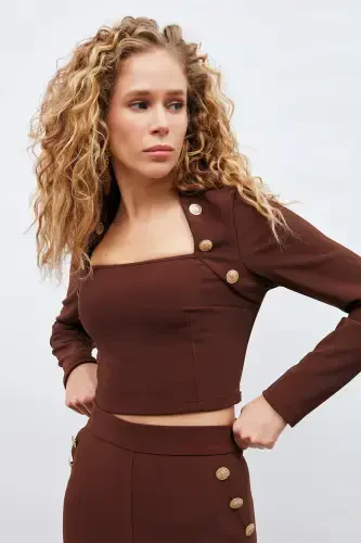 Button Detailed Blouse - Brown - SATEEN (1)