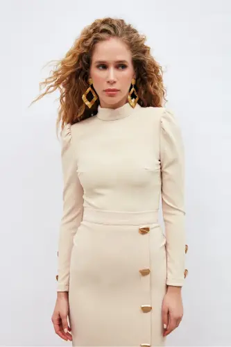 Button Detailed Crop Blouse - Beige 