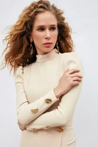 Button Detailed Crop Blouse - Beige - SATEEN (1)